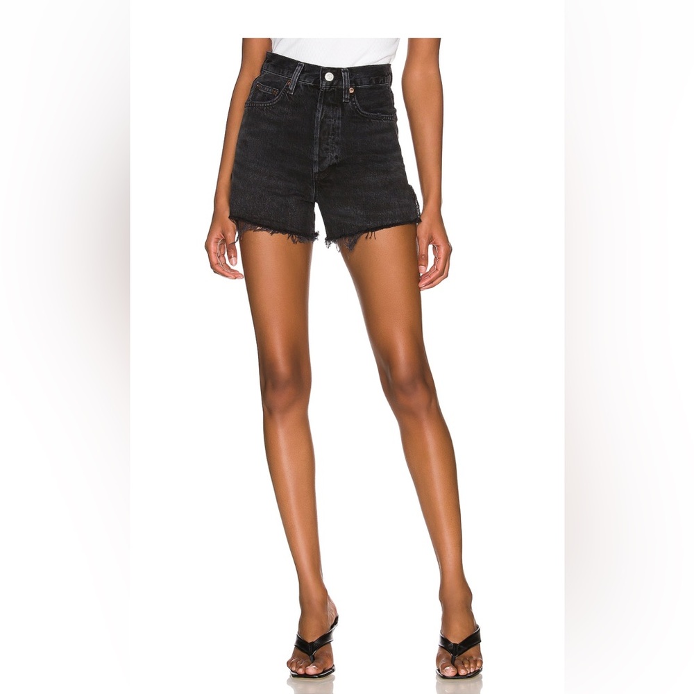 Agolde Dee High Waisted Black Jean Shorts Distressed Raw-Edge Hem